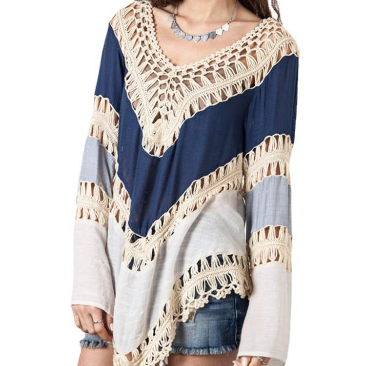 Women's beach poncho with artistic crochet design and loose sleeves