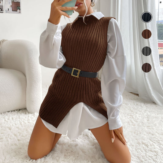 Women's knitted dress with asymmetric hem and tailored belt WW