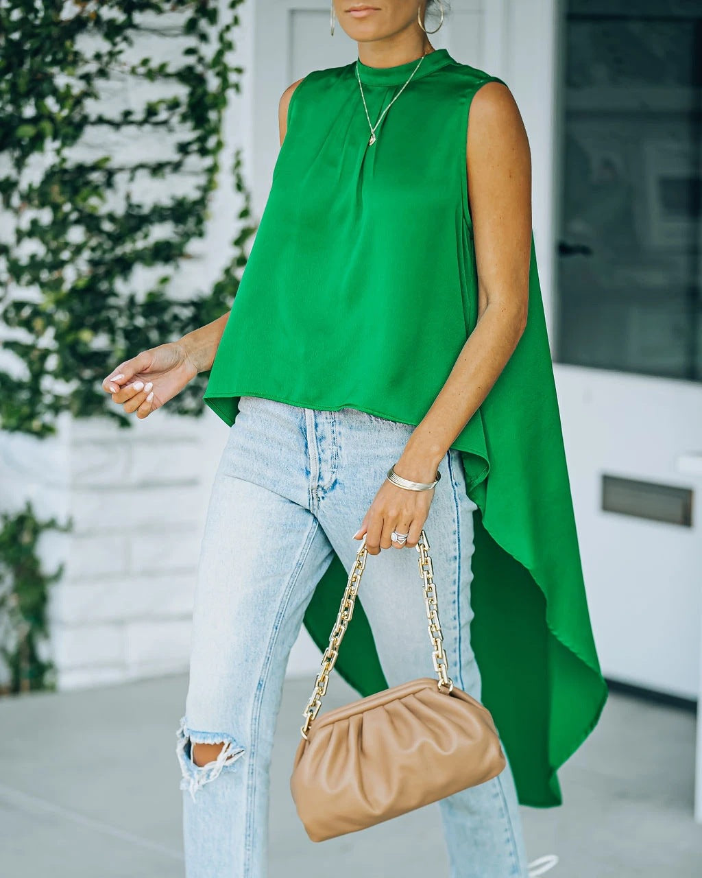 Women's asymmetric top with elegant draping effect and high collar WW