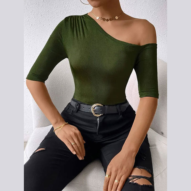 Women's asymmetric top with elegant one-shoulder design and soft flowing fabric W&W