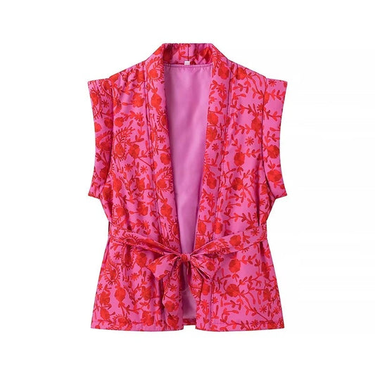 Women's kimono vest with floral pattern and tie waist belt