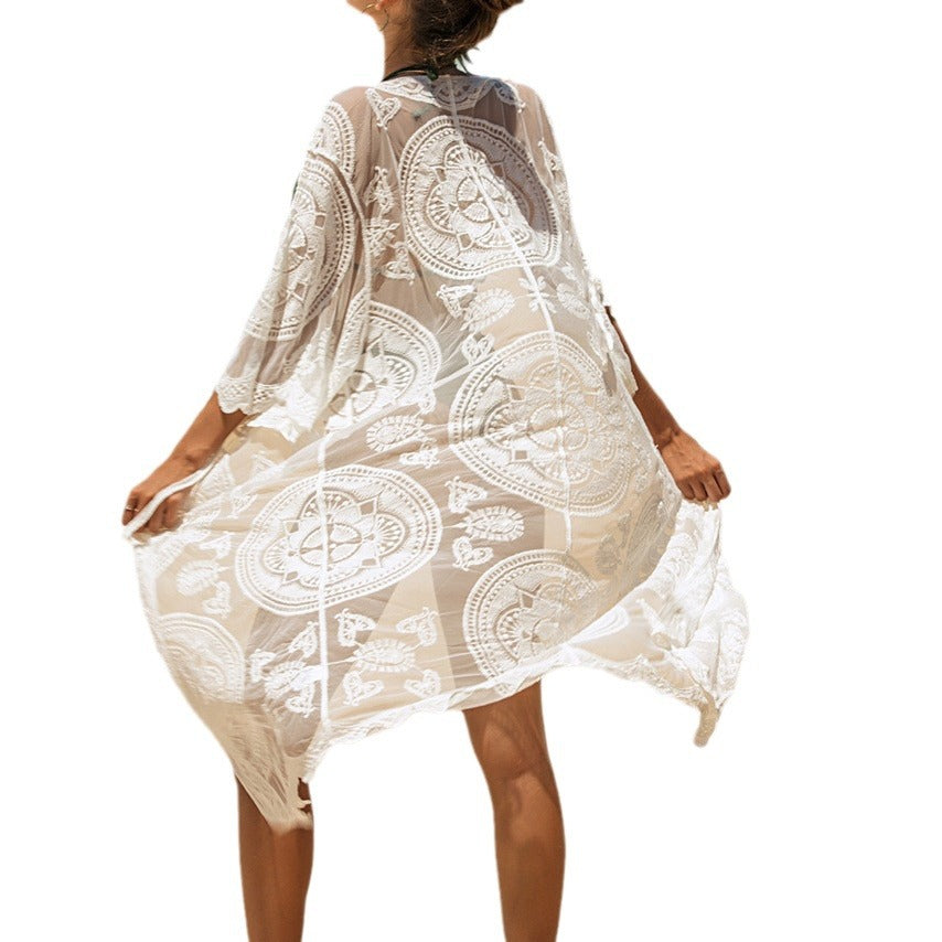 Women's airy beach kimono with detailed embroidery