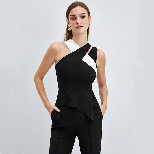 Women's asymmetric top with creative wrap design and fashionable ruffle details W&W