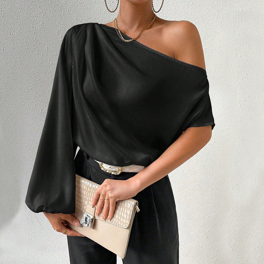 Women's asymmetric top with elegant puff sleeves and ruffles W&W
