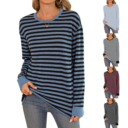 Women's comfortable long-sleeved shirt with striped design and round neck WW