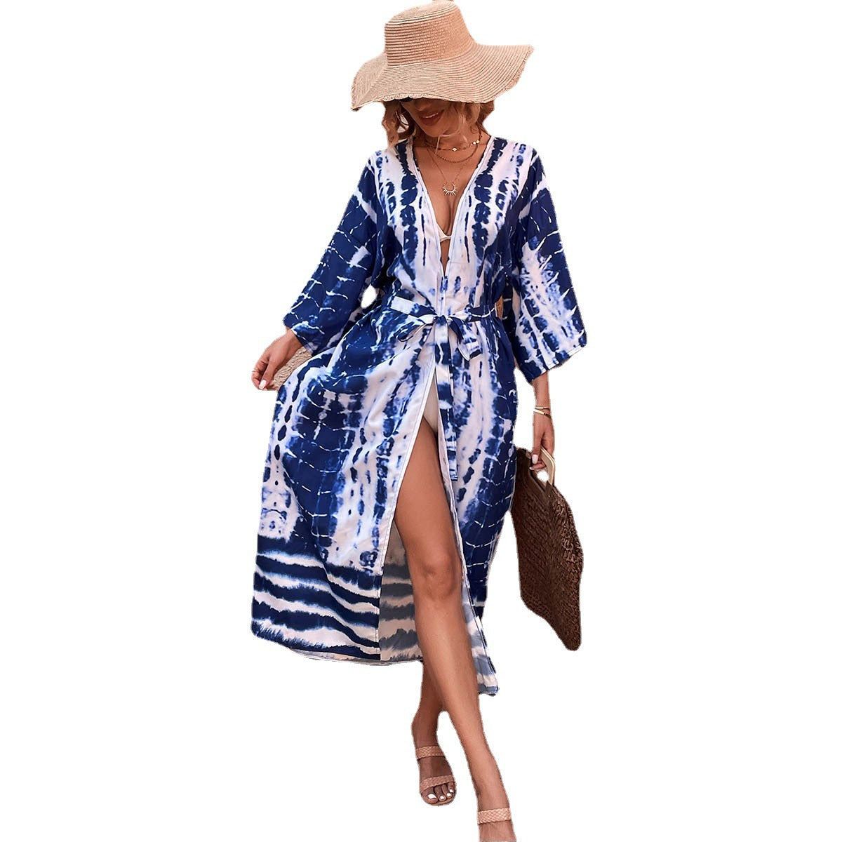 Women's beach kimono with elegant deep V-neck and playful tie belt