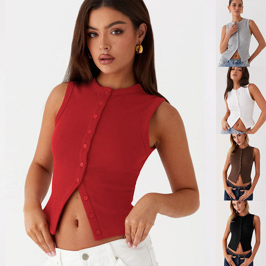 Women's sleeveless button-down shirt made of ribbed fabric with a modern cut WW