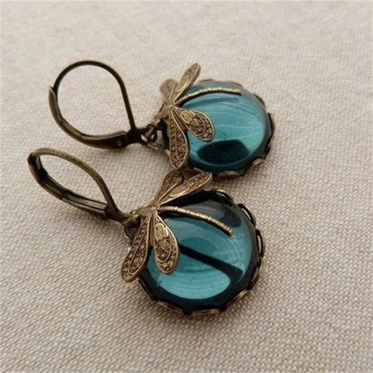 Antique Gold Dragonfly Earrings with Crystal