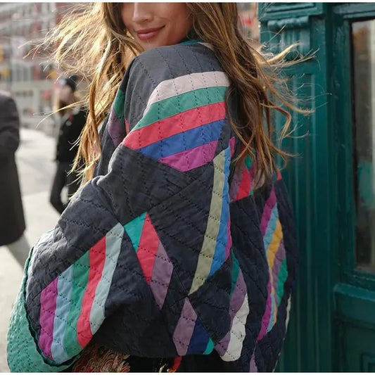 Padded kimono jacket with rainbow stripes