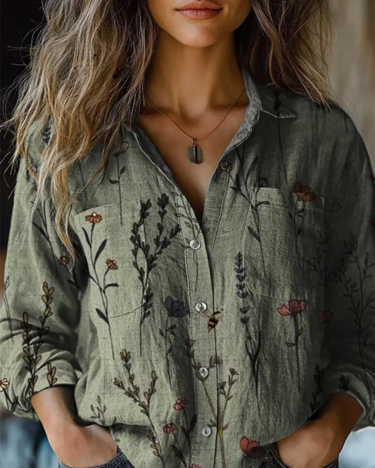 Gina - Vintage Print Casual Long Sleeve Comfortable Cotton Shirt