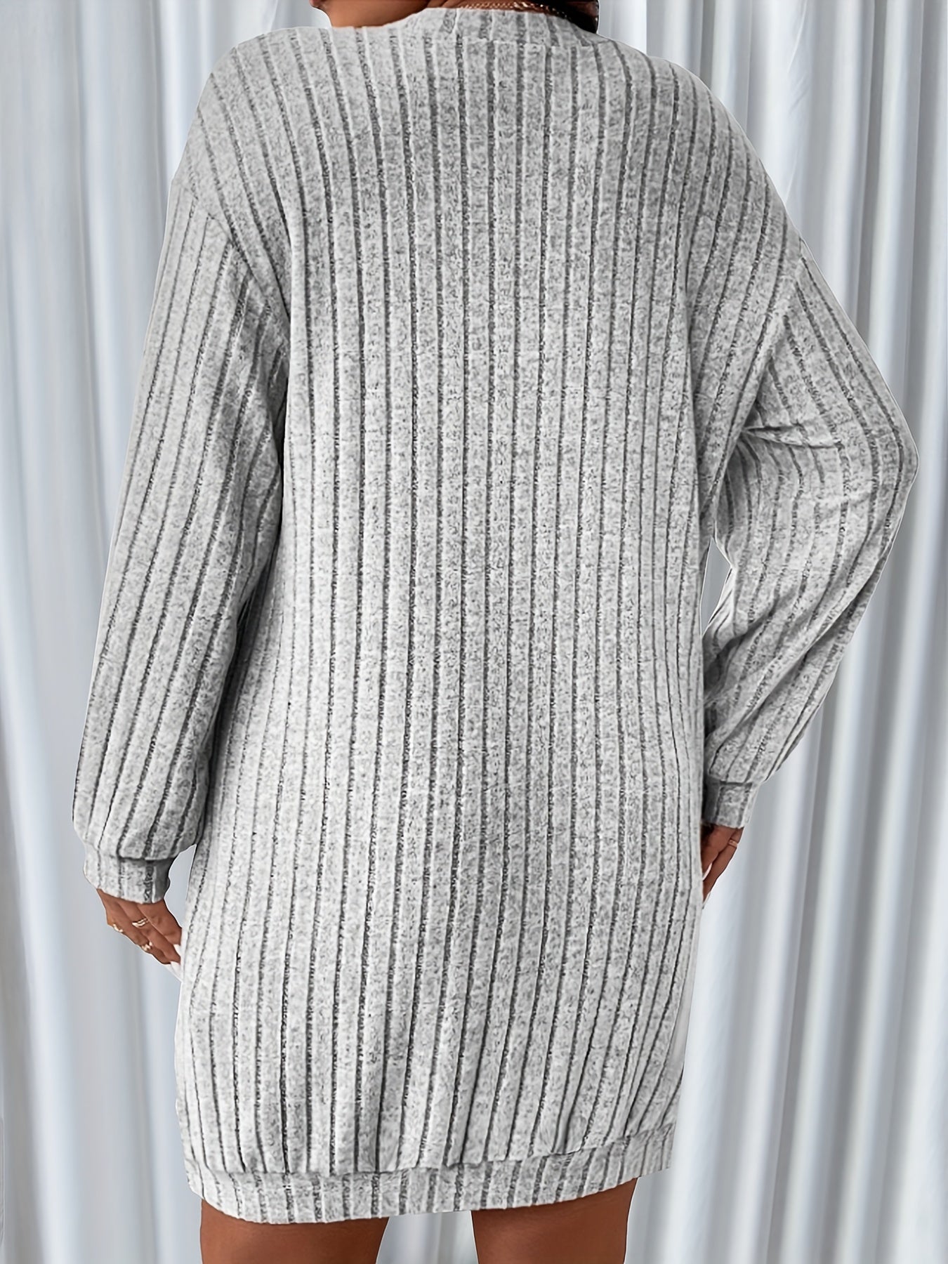 WW | Solid Ribbed Sweater Dress with Long Sleeves and V-Neck