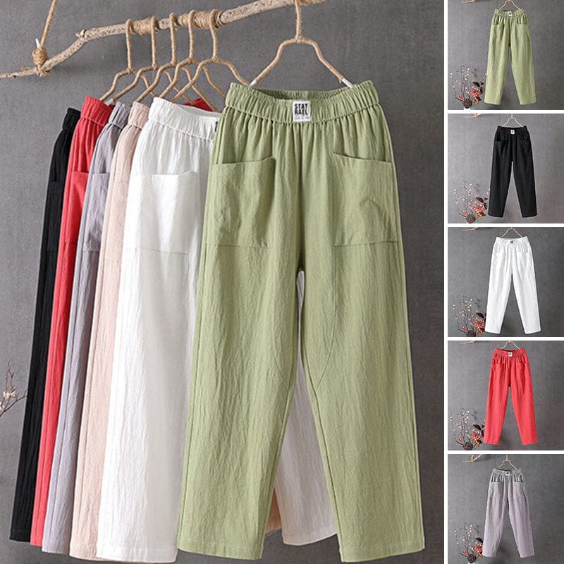 Feline - Casual cotton linen trousers with elastic waistband