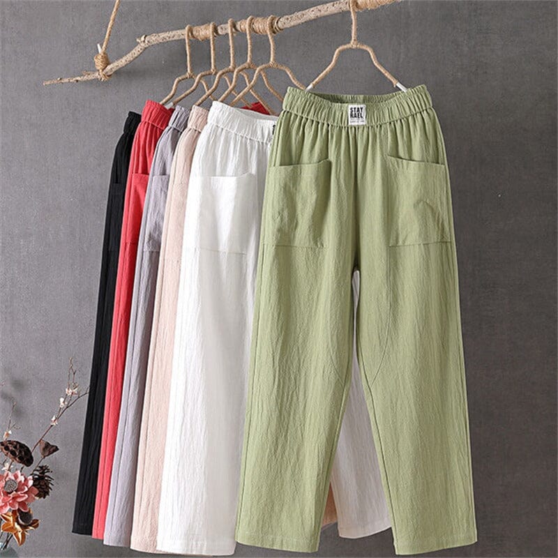 Feline - Casual cotton linen trousers with elastic waistband