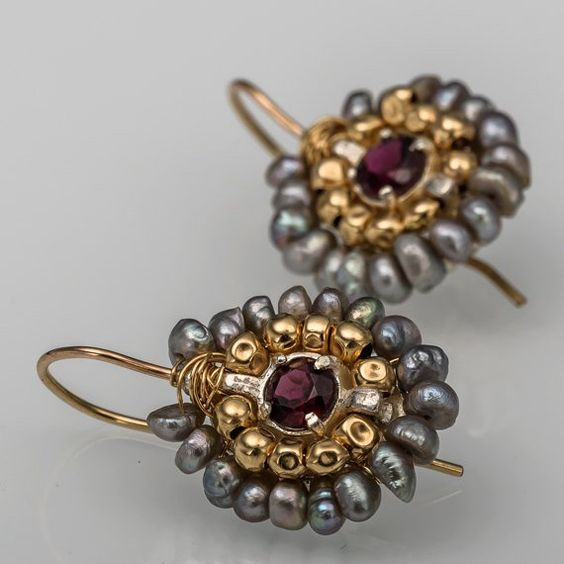 Vintage earrings with gray and gold stones