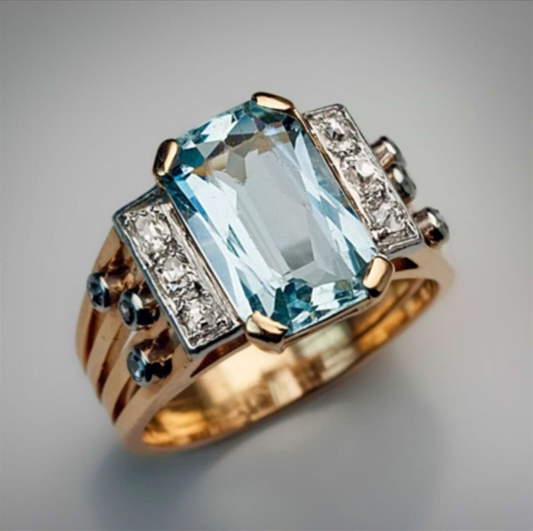 Vintage multilayered gold ring inlaid with blue crystals