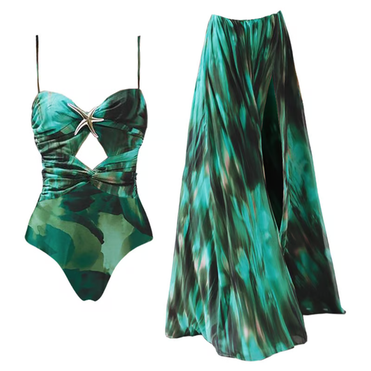 Pat - Starfish Decoration Print Hollow-out Flared Skirt Swimsuit Set
