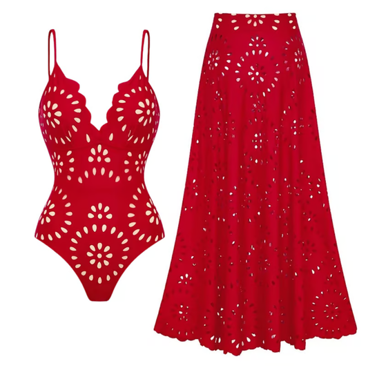 Keri - Laser Cutting Flower Hollow Flared Skirt Swimsuit Set