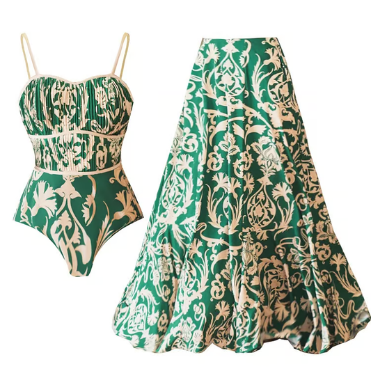 Flora - Floral Print Flared Skirt Swimsuit Set