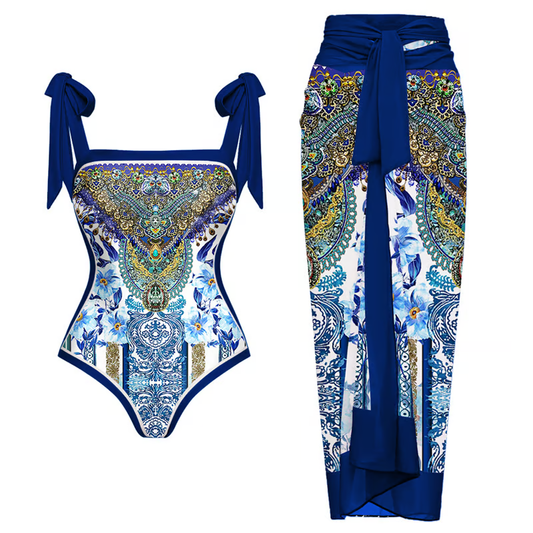 Rina - Reversible Tie-shoulder One Piece Swimsuit Set