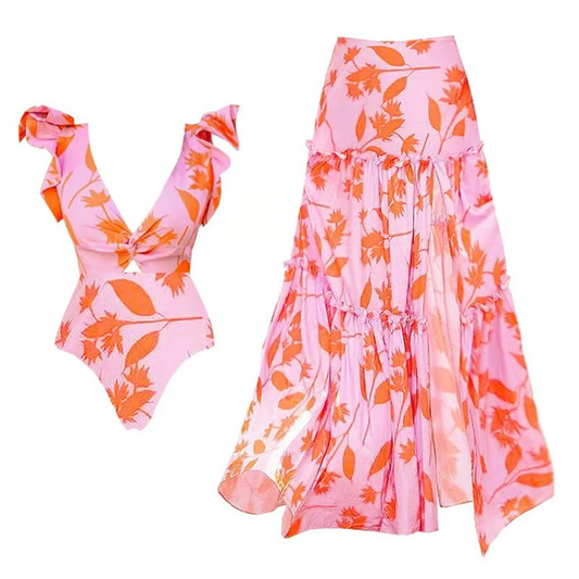 Vina - V-Neck With Ruffled Edges Swimsuit Set