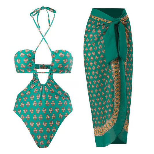 Mia - Moroccan Printed Ruched Halter-neck One-piece Swimsuit Set