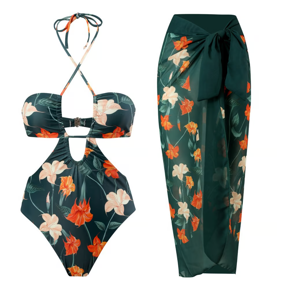 Mia - Moroccan Printed Ruched Halter-neck One-piece Swimsuit Set