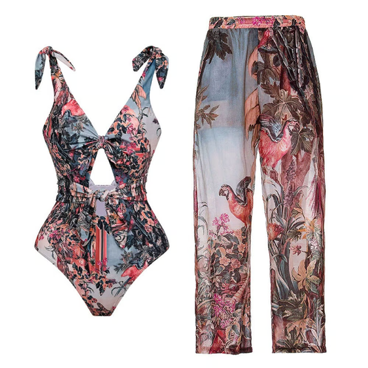 Poki - Shoulder Tie Hollow Print One Piece Swimsuit Set