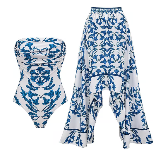Imane - Strapless Style Frilled Printed One Piece Swimsuit Set