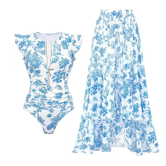Ash - Ruffle Zip Front Print One Piece Swimsuit Set