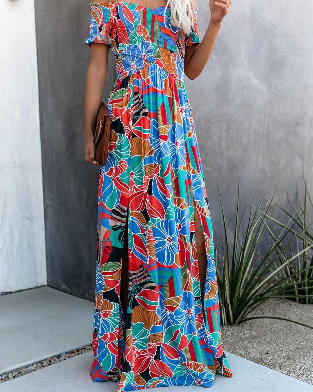 Lovi - Plant Print Ruched Maxi Dress