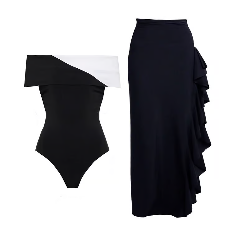 Carly - Off Shoulder Color Block One Piece Swimsuit Set