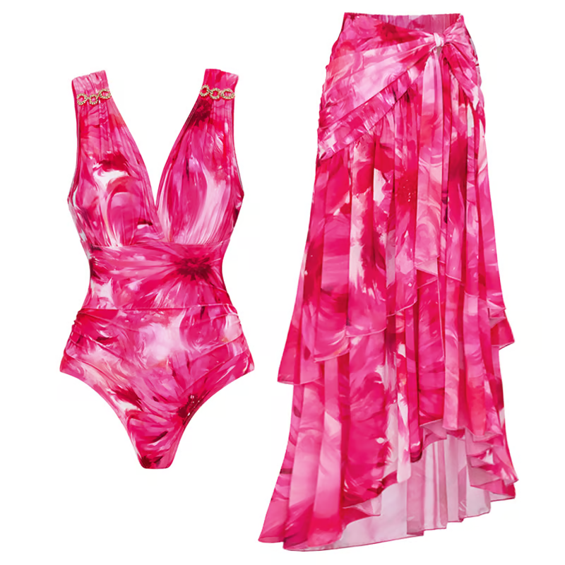 Joann - Floral Printed Halter One piece Swimsuit Set