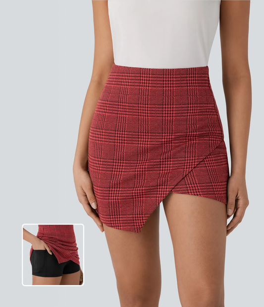 Manon - High Waisted 2-in-1 Side Pocket Asymmetric Hem Houndstooth Plaid Skirt
