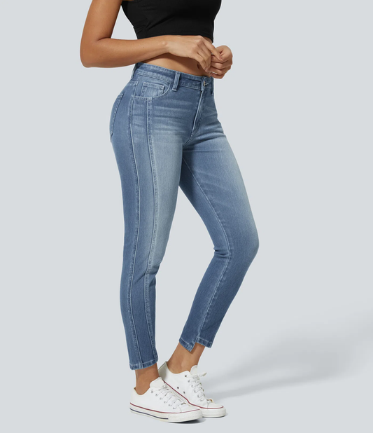 Jessa - Mid Low Rise Button Zipper Multiple Pockets Stretchy Knit Casual Skinny Jeans