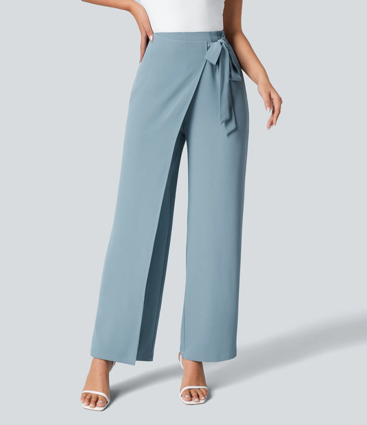 Loraine - High Waisted Tie Side Invisible Zipper Wide Leg Work Pants