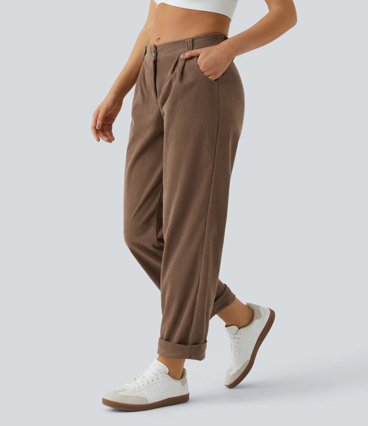Madelyn - Mid Rise Button Zipper Corduroy Pants