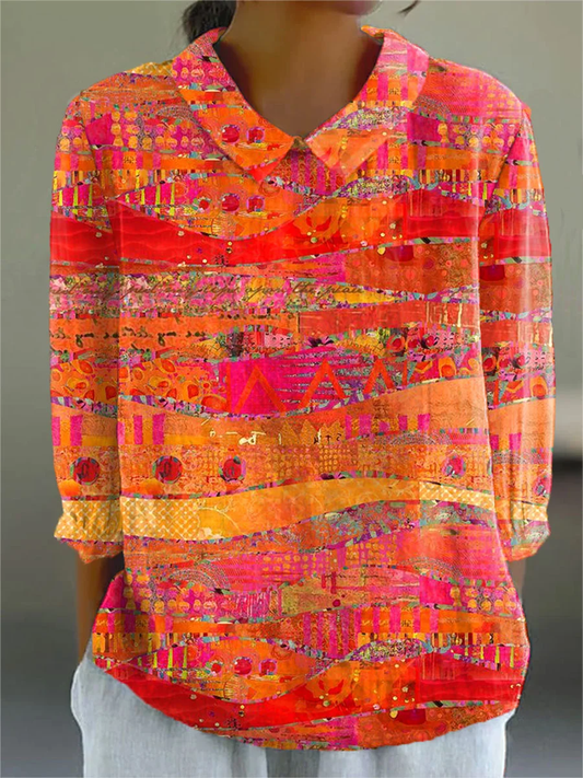 Jessa - Women's Vintage Art Print Casual Cotton And Linen 3/4 Sleeve Shirt