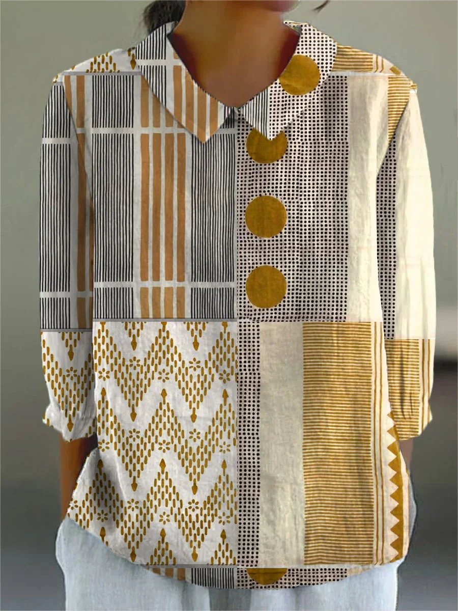 Layla - Women's Vintage Abstract Geometry Art Print Casual Cotton And Linen 3/4 Sleeve Shirt