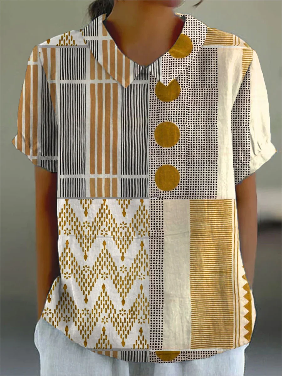 Layla - Women's Vintage Abstract Geometry Art Print Casual Cotton And Linen 3/4 Sleeve Shirt