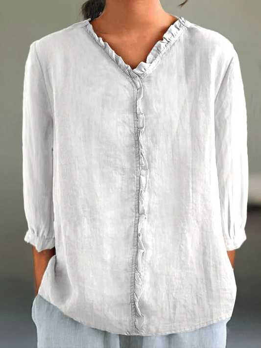 Raja - Women's Casual Cotton And Linen Ruffle Collar 3/4 Sleeve Shirt