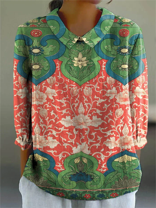 Shella - Women's Vintage Lovely Floral Art Print Casual Cotton And Linen 3/4 Sleeve Shirt