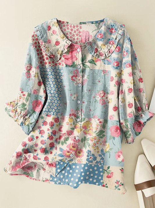 Karla - Vintage Bohemian Floral Cotton and Linen Peter Pan Ruffle Collar Shirt
