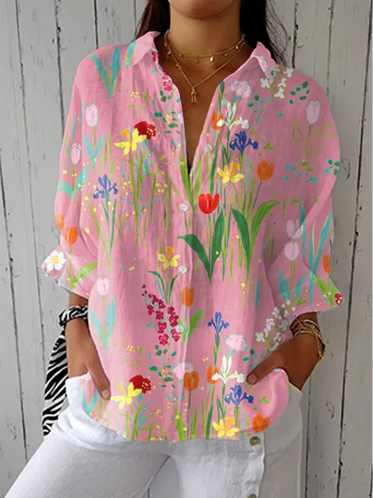 Kyline - Women's Vintage Flowers Print Casual Linen V-neck Shirt