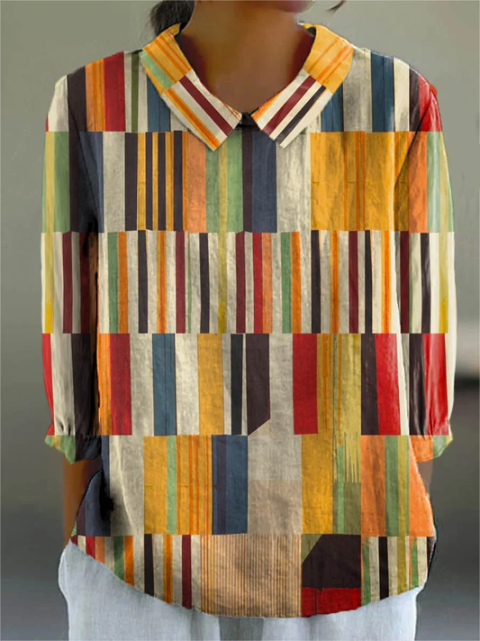 Anastasia - Women's Abstract Geometric Pattern Art Print Casual Cotton And Linen 3/4 Sleeve Shirt