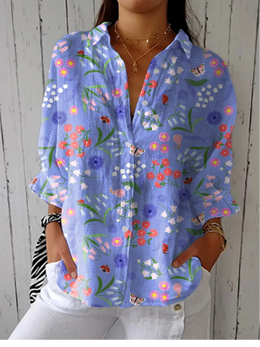 Girlie - Women's Vintage Flower Art Print Casual Linen V-neck Shirt