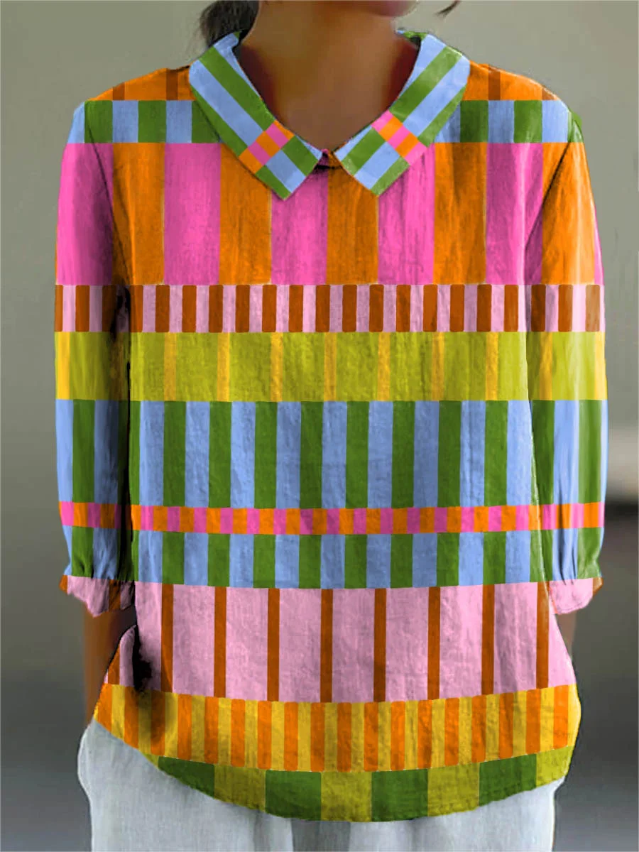 Selene - Women's Abstract Geometric Pattern Art Print Casual Cotton And Linen 3/4 Sleeve Shirt