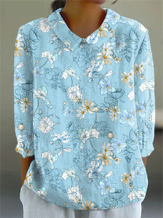 Sydney - Women's Vintage Floral Art Print Casual Cotton And Linen 3/4 Sleeve Shirt