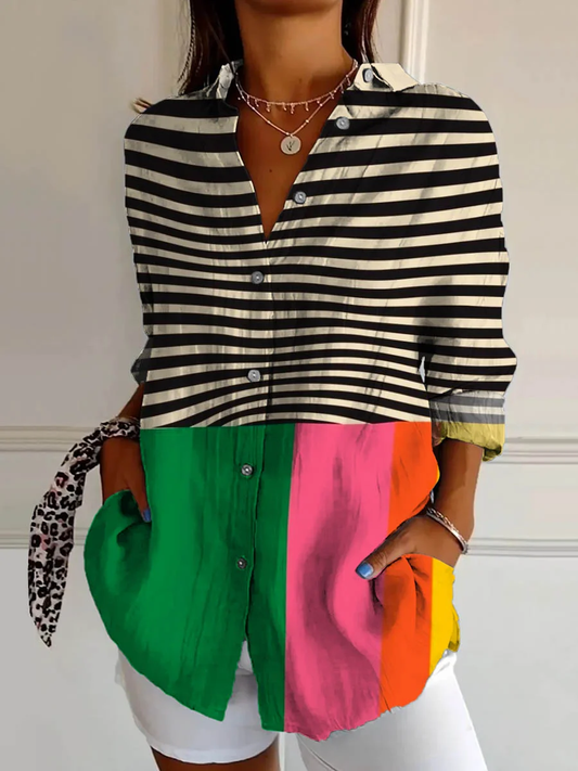 Miyoung - Abstract Geometric Line Pattern Art Print Casual Cotton Shirt