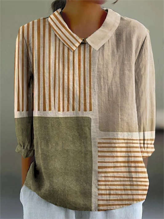 Charlee - Women's Vintage Geometric Line Pattern Art Print Casual Cotton And Linen 3/4 Sleeve Shirt