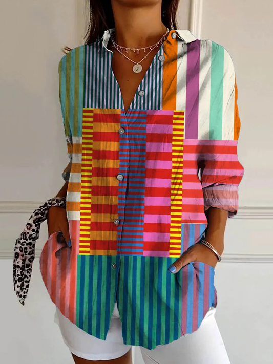 Starla - Women's Abstract Geometric Pattern Art Print Casual Cotton Shirt
